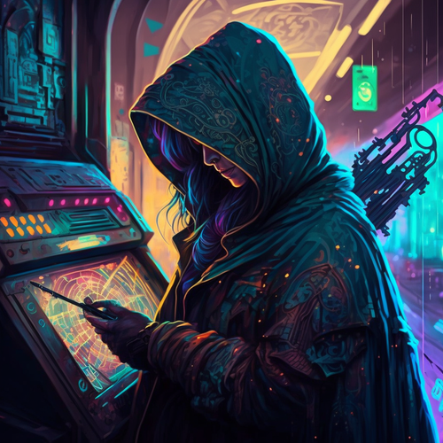 0xFuru cyberpunk tarot cart of hooded woman with a glowing rifl 075404a6 4276 487d a6b5 ac5eb914de7c.png