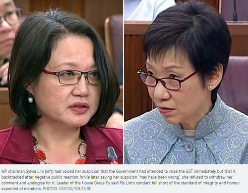 Workers Party Sylvia Lim refuse apologise PAP GST test balloon parliament Budget 2018 Singapore ST p.jpg