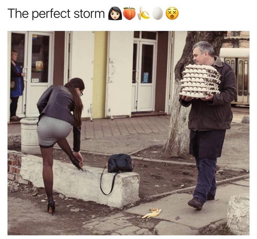 on a banana peel because he is looking at a woman instead of at the street he is carrying many eggs.jpg