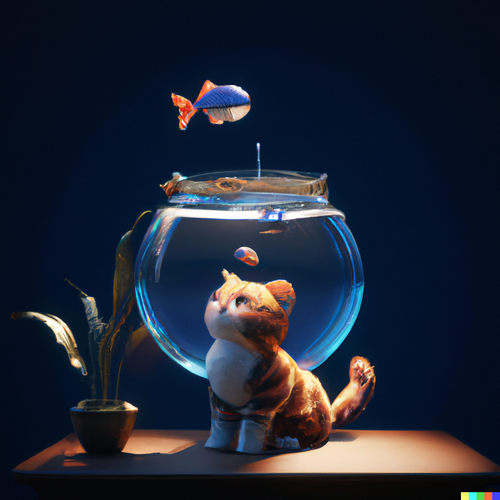 DALL·E 2023 02 02 16.20.18 3D render of a cute tropical cat in an aquarium on a dark blue background.png