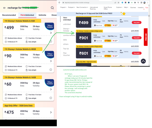 Vi App and Other WebPageShowsDifferentPrice 90Rs 901Rs.png