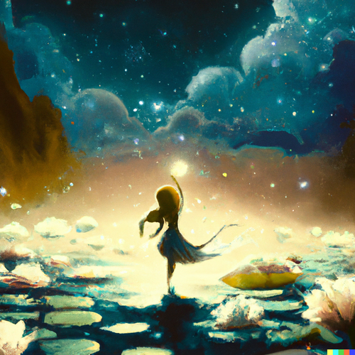 DALL·E Moonlight dancing in a lily pond full of stars, digital art.png
