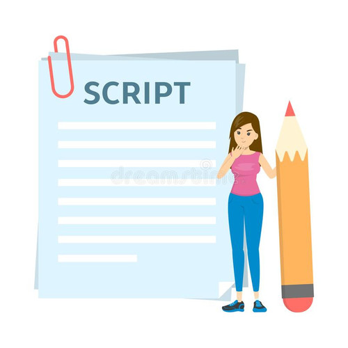 woman writing script movie blog girl standing holding big pencil scenario text paper sheet film maki.jpg