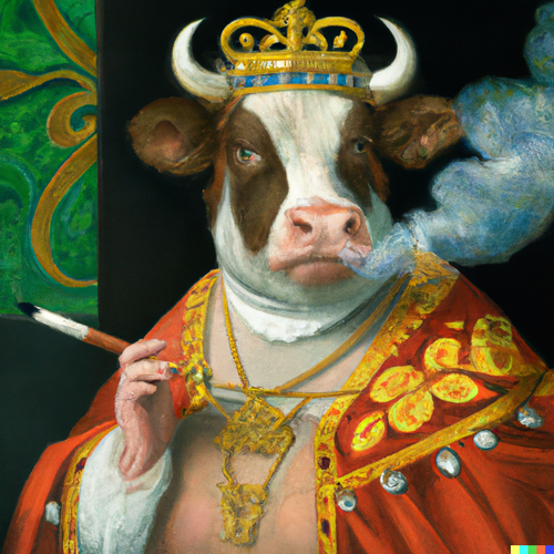 DALL·E 2022 12 08 17.33.33 An oil painting portrait of a cow wearing medieval royal robes and an orn.png