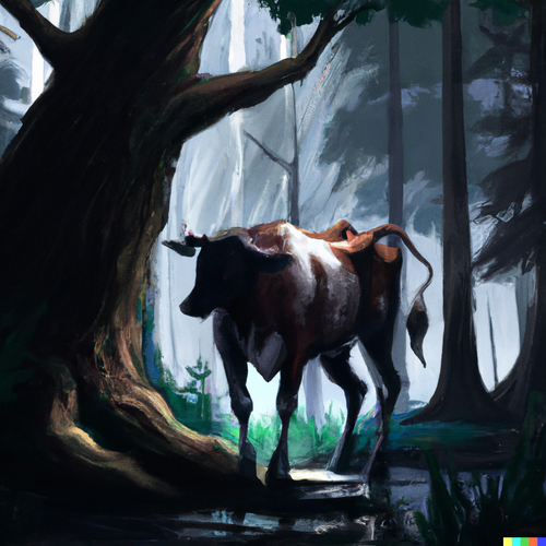 DALL·E 2022 12 08 17.22.04 Dark forest with a cow standing on 2 legs, digital art.png