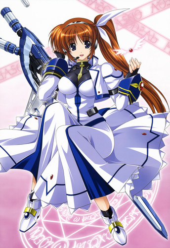  takamachi nanoha raising heart and strike cannon lyrical nanoha and 2 more drawn by higa yukari 1d3.jpg