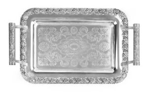 Antique silver tray with handles. Old luxury tray isolated on white background with clipping path. C.jpg