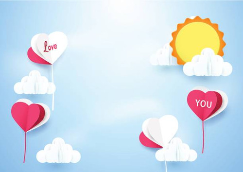 Heart shape balloons flying sky with sun background. Paper art and craft style.jpg