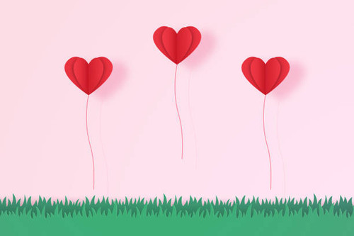 Valentines day , Illustration of love , red heart balloons flying on grass , paper art style.jpg