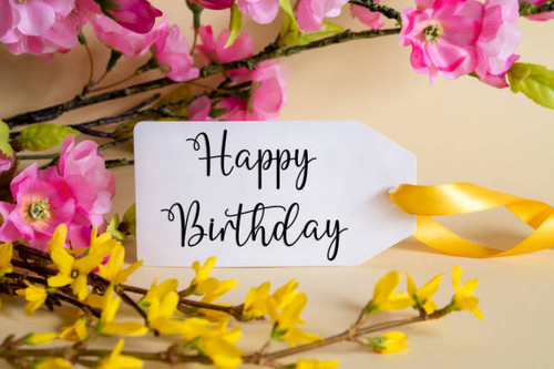 Spring Flower Arrangement With White Label With English Text Happy Birthday. Colorful Flower Branch .jpg