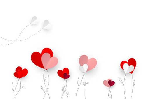 Vector paper hearts that looks like flowers and butterflies on top of hand-drawn branches on white b.jpg