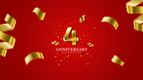 4th anniversary . Gold Numbers with shadow and sparkling confetti. Modern elegant gradient red backg.jpg