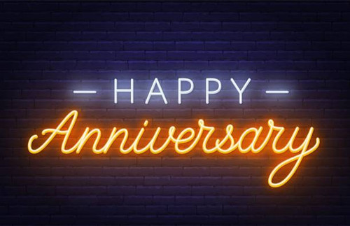 Happy anniversary neon sign. Greeting card on dark background. Vector illustration..jpg
