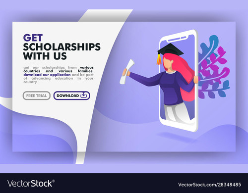 Vector illustration concept. blue website banner about scholarship programs. women with toga come ou.jpg