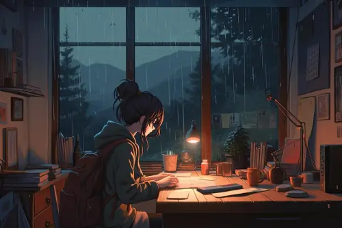 cartoon lofi young manga style girl studying while listening music raining street ai generative 1238.webp