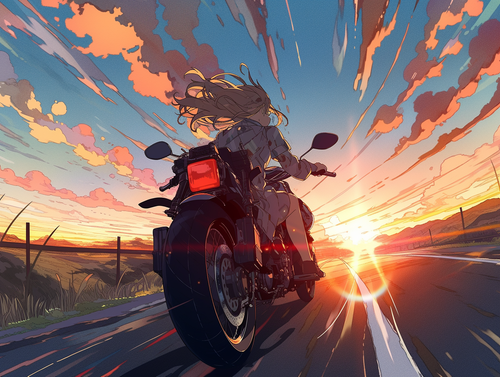 chowmeins speeding down on a road in a motorcycle with a sunset 9e4145db e1fe 42ea a2d9 4812b03414ae.png