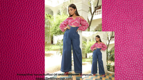 Printed Pink Yarrow Ruffled Off Shoulder Denim Jumpsuit.jpg