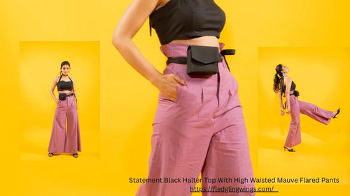 Statement Black Halter Top With High Waisted Mauve Flared Pants.jpg