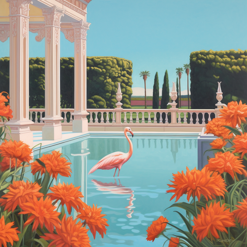mhoydich a painting of a pool next to flowers in the style of r 3a0235da dae8 41bf 9362 2761e602e984.png