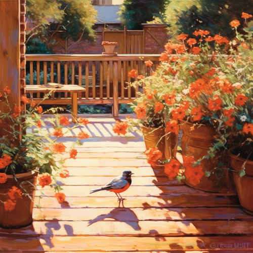 mhoydich a painting of a wooden patio with flowers in the style 4433b047 fe40 4d7f 9fc1 77142a175a78.png