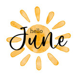 Hello June - Watercolor textured simple vector sun icon. Vector illustration, greeting card for begi