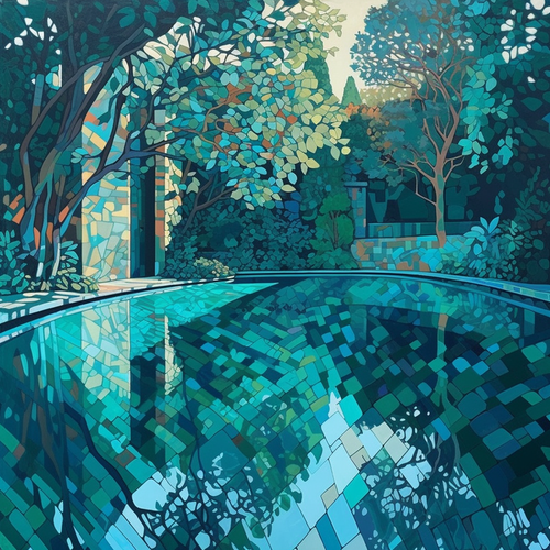 mhoydich a painting of a pool near trees in the style of playfu 639893e8 a96e 4832 9ddb 8a491df79a6b.png