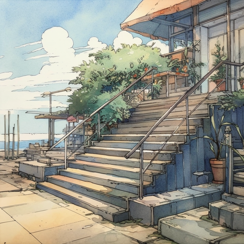 mhoydich an watercolor painting of stairs near some steps in th fd242719 909d 4f4d a065 b460cbe35c50.png