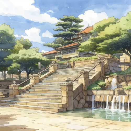 mhoydich an artwork of a park showing stairs and a fountain in 01be1add 5fd4 4718 b5f7 181c43e5c63b.png