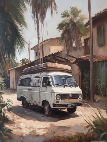 mhoydich acrylic painting of a white van parked in a street wit 00b62065 f0aa 44f4 8bb9 93fec5aa212d.png