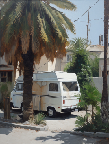mhoydich acrylic painting of a white van parked in a street wit 14402847 ce4b 4ba4 8032 8fa1b6eec558.png