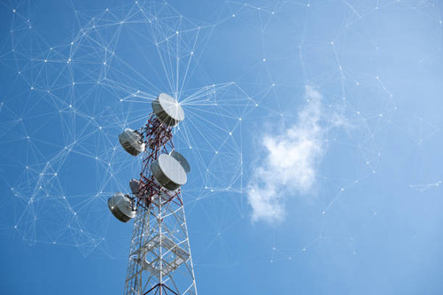 Telecommunication tower with mesh dots, glittering particles for wireless telecommunication technolo.jpg