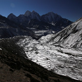 Looking S with the fields of Pheriche in the glaciated valley and Ama Dablam in the background