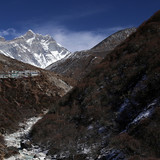 Imja Kholas river, Shomore Village with Everest and the Lhotse range