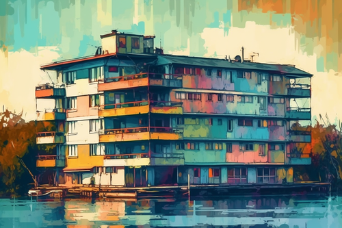 mhoydich a colorful painting shows an apartment building in the abf62a78 a638 4f40 b3b0 eea15dfdd560.png