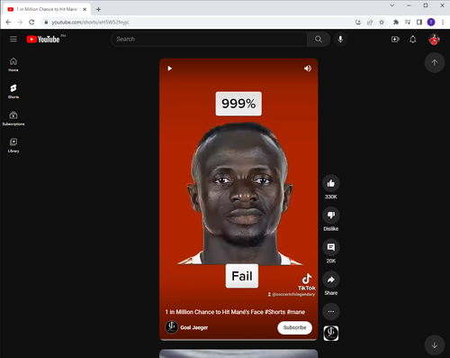 1 in Million Chance to Hit Mané's Face #Shorts #mane YouTube Google Chrome 17 11 2022 12 29 09 pm.png