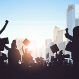 silhouette people crowd protesters holding protest posters men women with blank vote placards demons