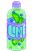 A plastic bottle filled with green liquid, limes, and berries. The lavender label reads 'lime' in all capitalized blue letters