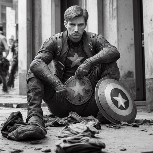 Deliberate 11 steve rogers selling his shield dirty face torn clothes sit 3.jpg