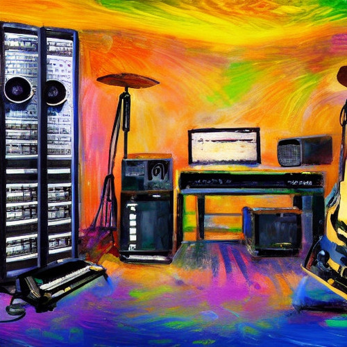 impressionist painting of a massive computer mainframe in a studio basement with a drum kit, some gu.jpg