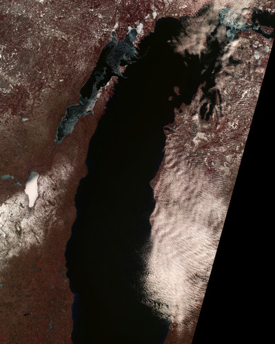 A satellite image of Lake Michigan and Green Bay, taken on February 13, 2023. This file is a copyrighted work of the Government of India, licensed under the Government Open Data License - India (GODL).. It is combined, cropped, and color-enhanced from the originals, available at https://earthexplorer.usgs.gov/ .
