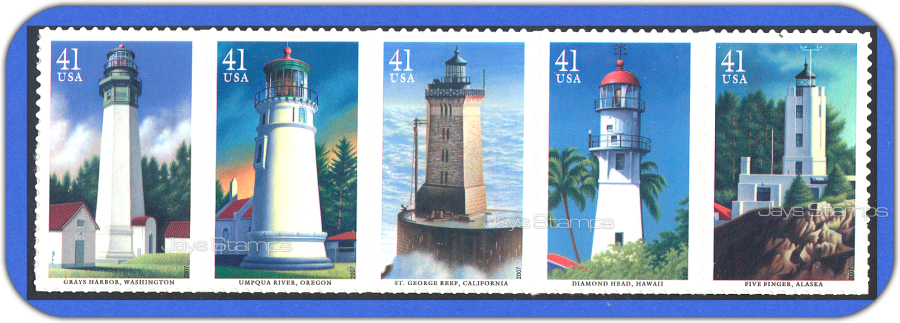 2007  PACIFIC LIGHTHOUSES Strip of 5 MINT Stamps in random order #4146-4150a