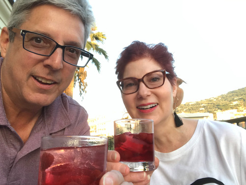 Enjoying wild strawberry wine from Georgina.jpg