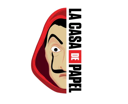 la casa de papel title with dali mask clothes red design graphic netflix film abstract illustration .webp