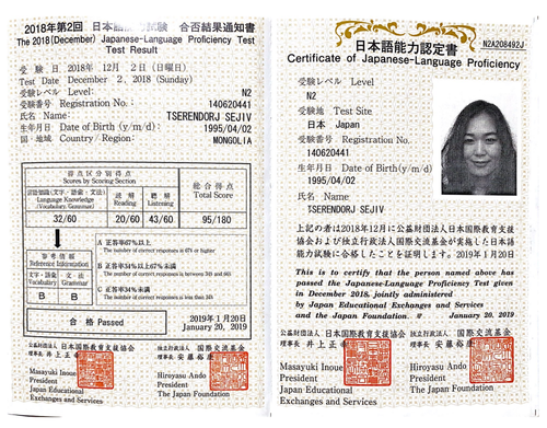 Japanese N2 certificate Sejiv Dec 2018