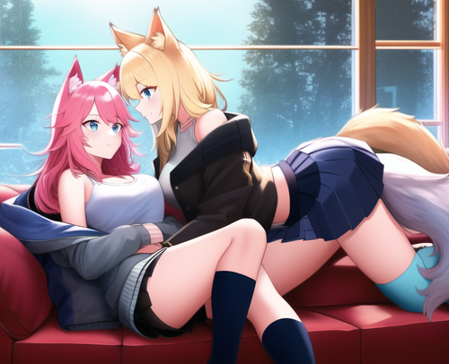 cyberpunk, window, sofa, nature, cuddling, 2women, blonde, pink hair, blue eyes, s 880763901 2.png