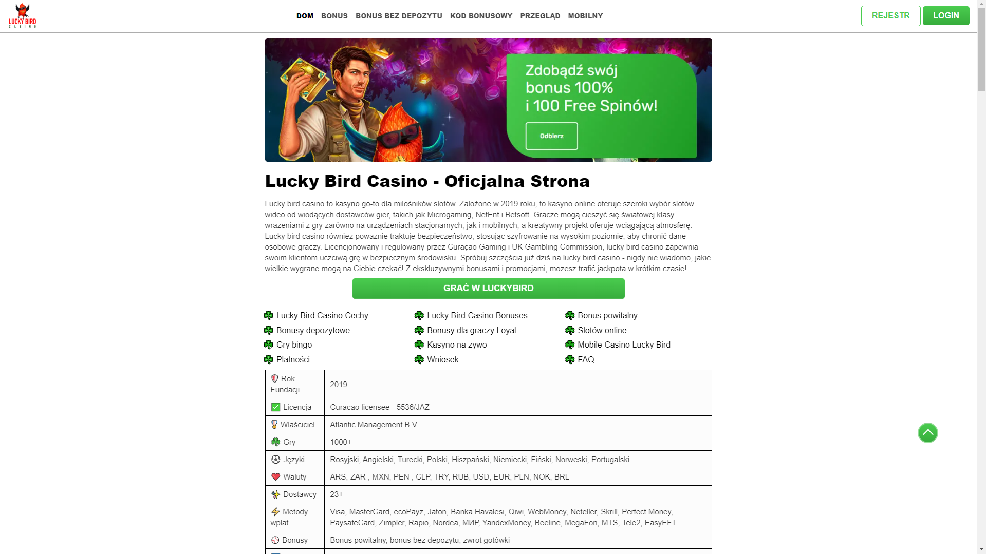 Plusy i minusy Lucky Bird Casino Polska
