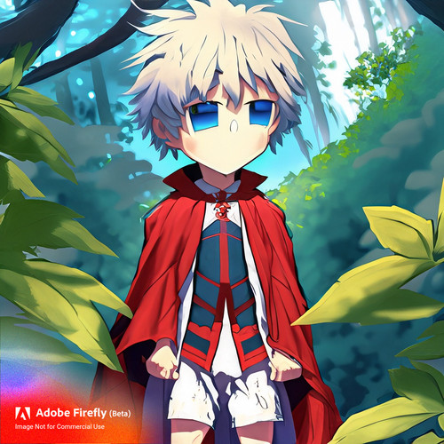 Firefly A boy wearing a red cloak inthe jungle anime just like mikey with blue hair 57144.jpg