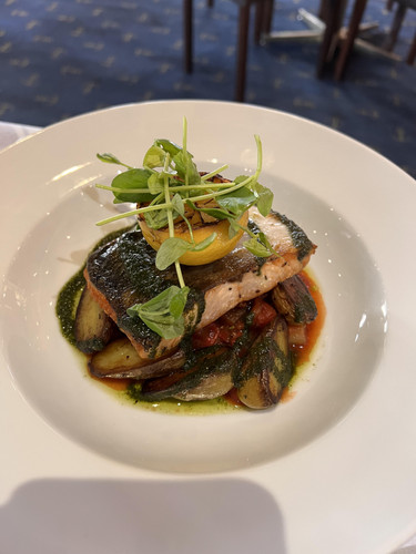 Roasted salmon fillet, sauteed potatoes, ratatouille, basil oil, grilled lemon.jpg