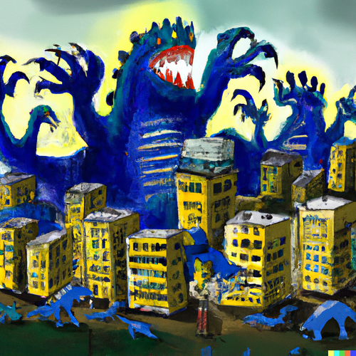 DALL·E 2023 03 25 15.11.18 Huge monsters attacking the city painted as a picture