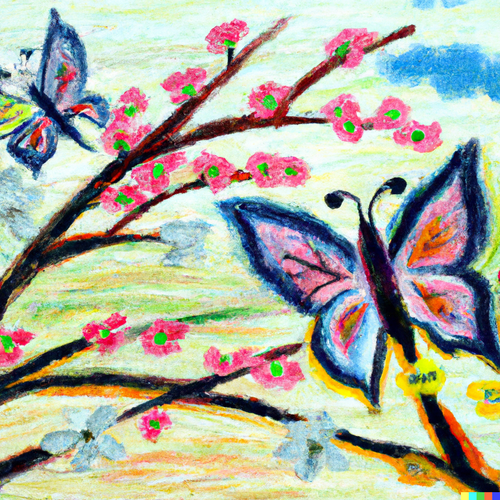 DALL·E 2023 03 25 15.18.48 Butterflies on flowering trees painted as a picture.png